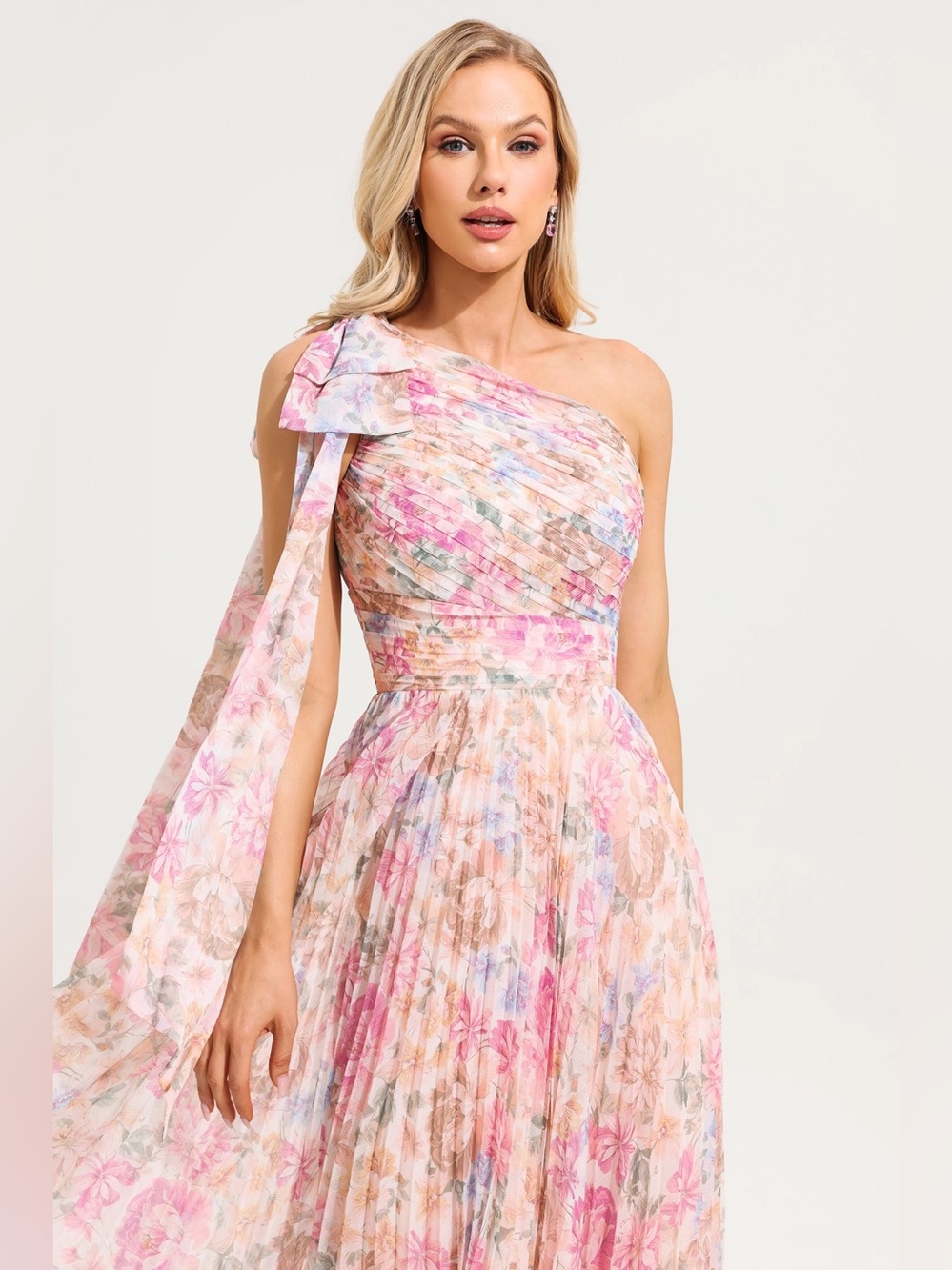 NEW Alex Marie Floral Chiffon Pleated Midi Dress One Shoulder Party Wedding. L1
